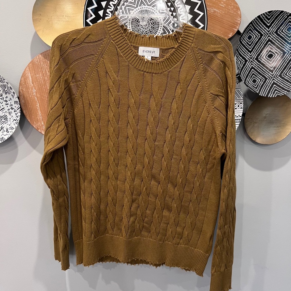 Evereve Womens Mustard Brown Distressed Cable Knit Cotton Sweater 6938EV Large